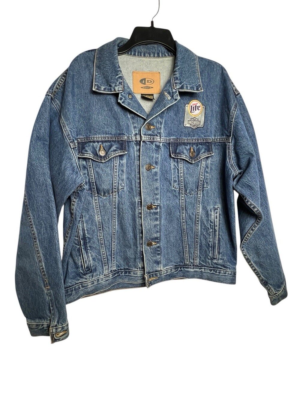 Vintage ID Wear Denim Jacket Miller Lite Harley-Davidson Patch on Front/Back LG